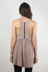 Babydoll style top, with exposed back zipper, in beige. Image 3