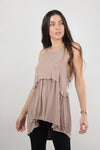 Babydoll style top, with exposed back zipper, in beige.
