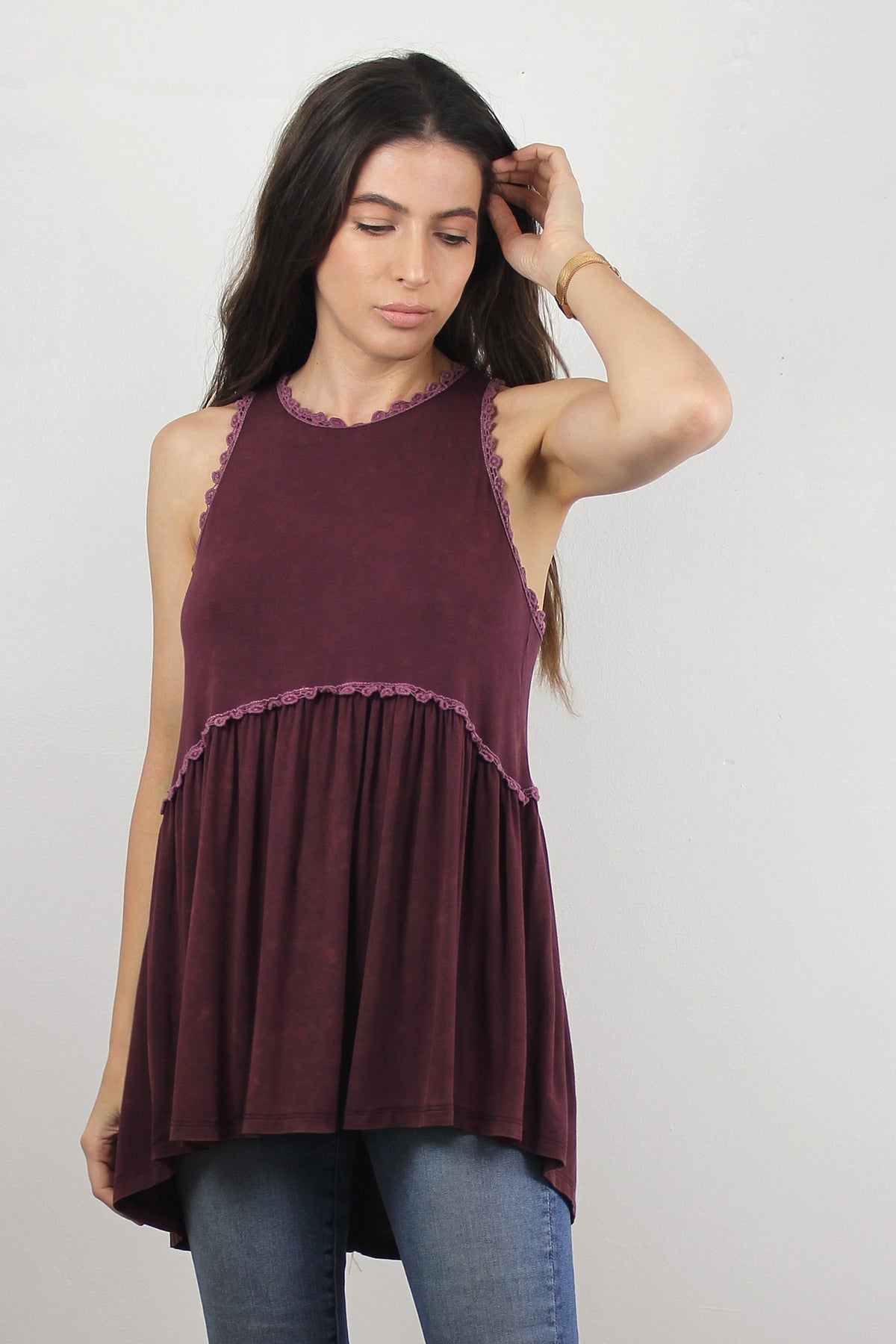 Babydoll style top, with exposed back zipper, in burgundy. Image 4