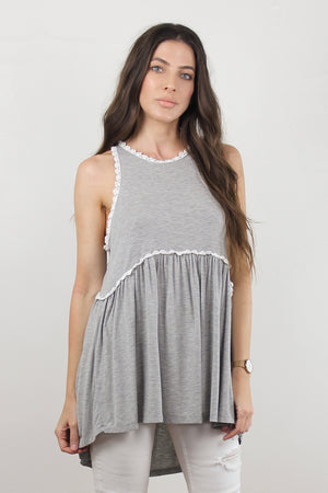 Babydoll style top, with exposed back zipper, in heather grey. Image 2