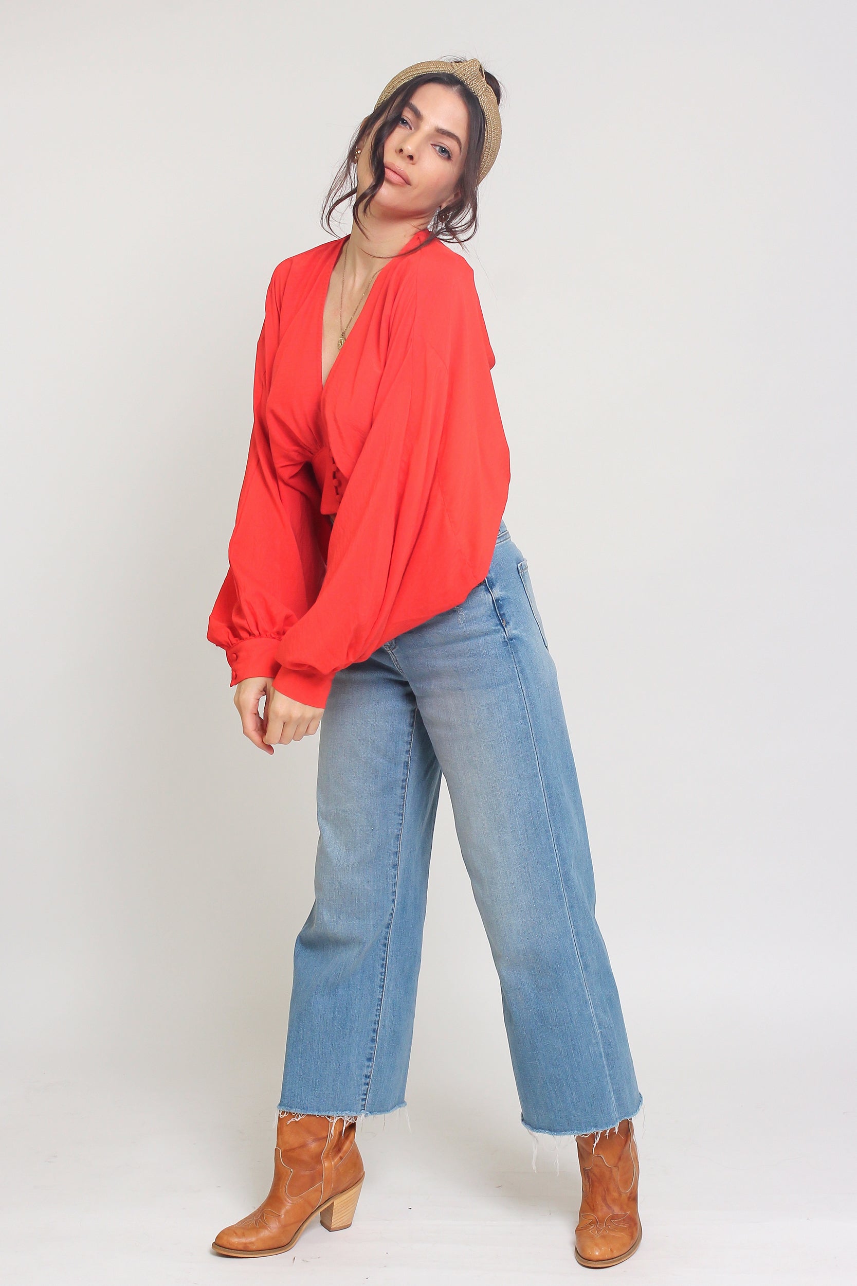 Balloon sleeve cropped blouse, in tomato. Image 4