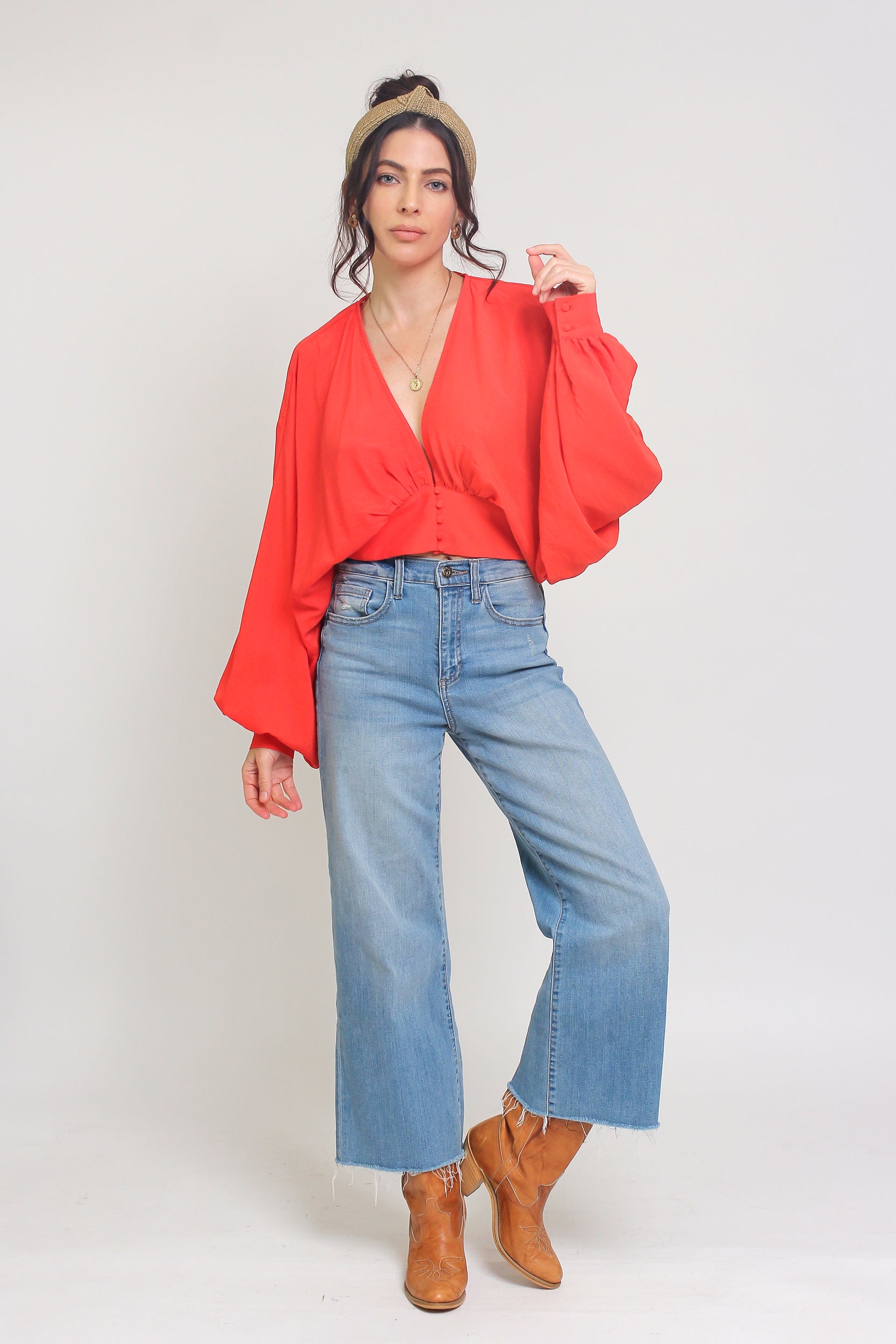 Balloon sleeve cropped blouse, in tomato. Image 6