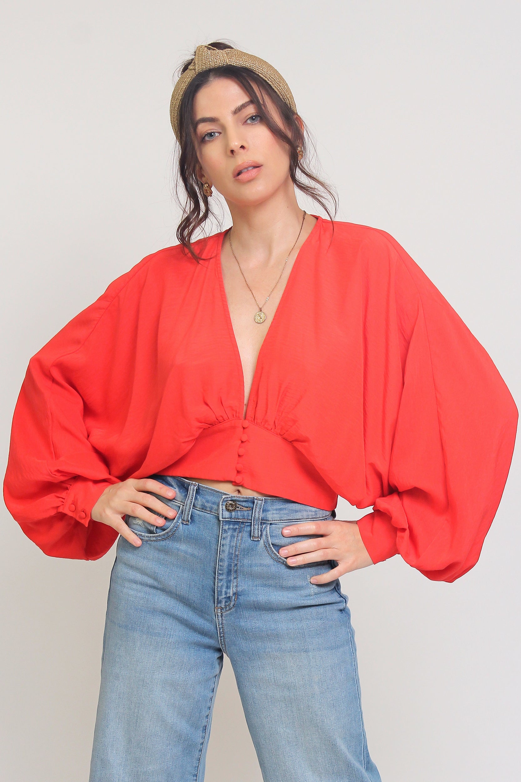 Balloon sleeve cropped blouse, in tomato. Image 7