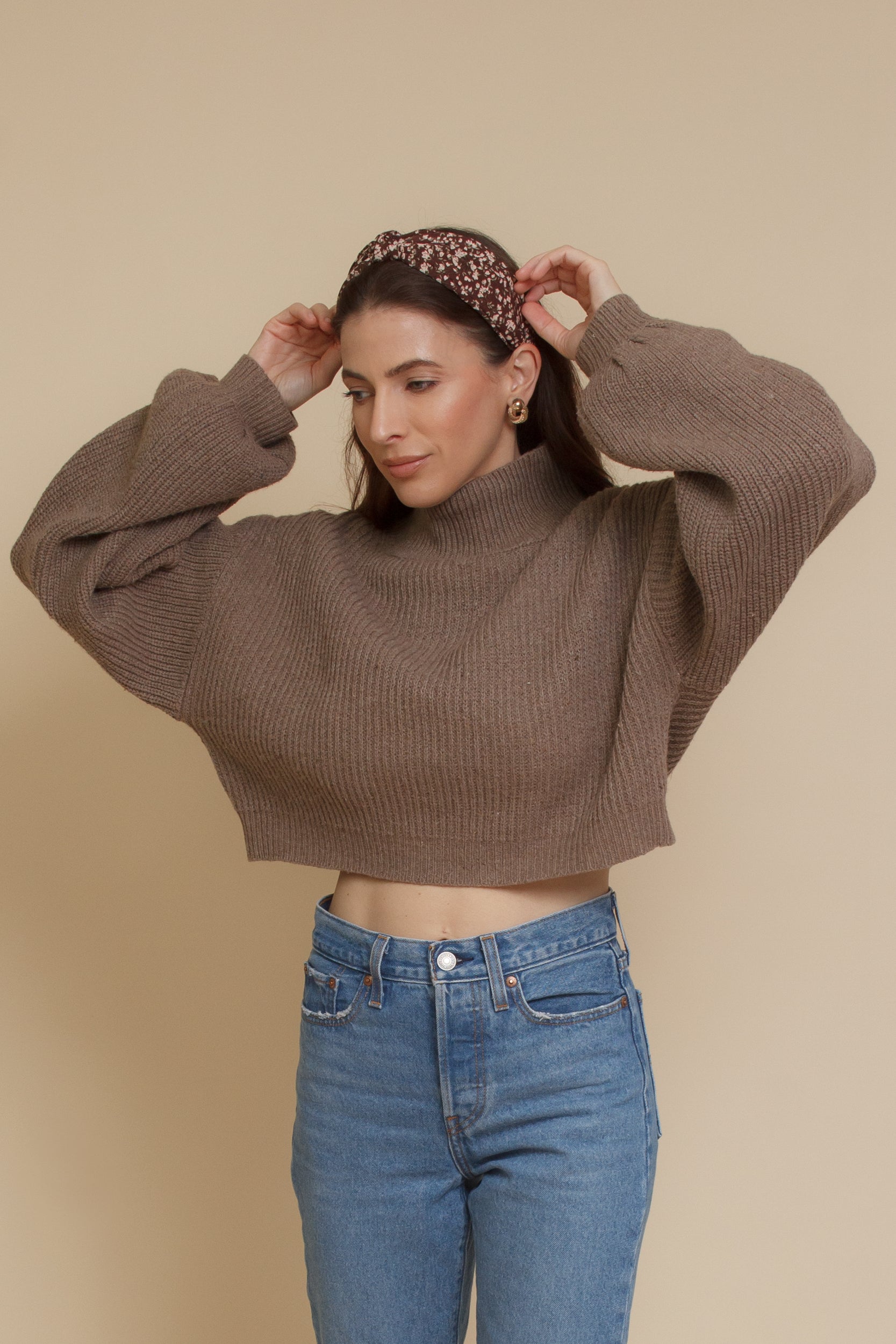 Cropped mock neck sweater with balloon sleeves, in taupe. Image 10