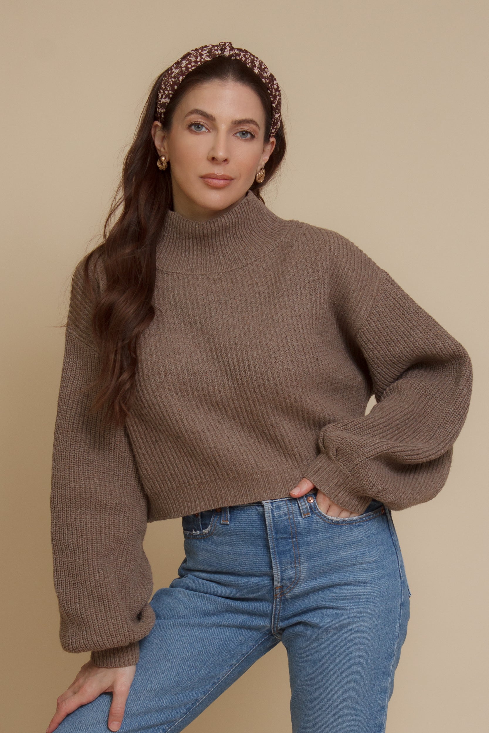 Cropped mock neck sweater with balloon sleeves, in taupe. Image 11