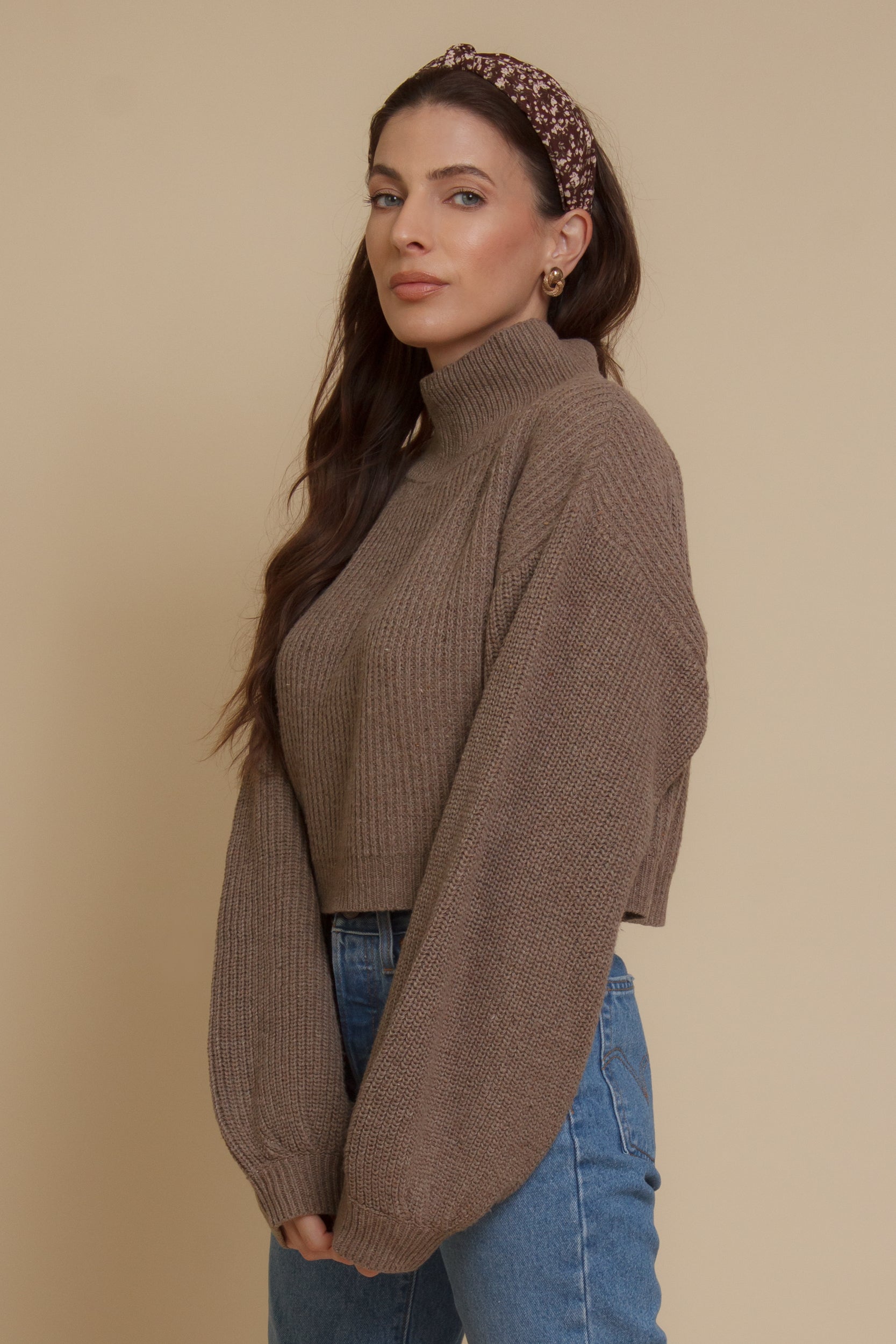 Cropped mock neck sweater with balloon sleeves, in taupe. Image 12