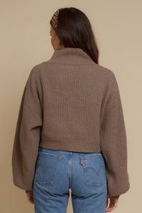 Cropped mock neck sweater with balloon sleeves, in taupe. Image 14
