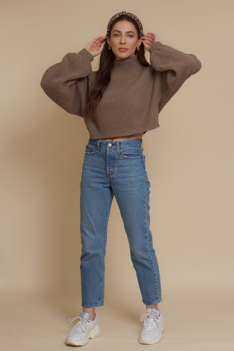 Cropped mock neck sweater with balloon sleeves, in taupe. Image 2