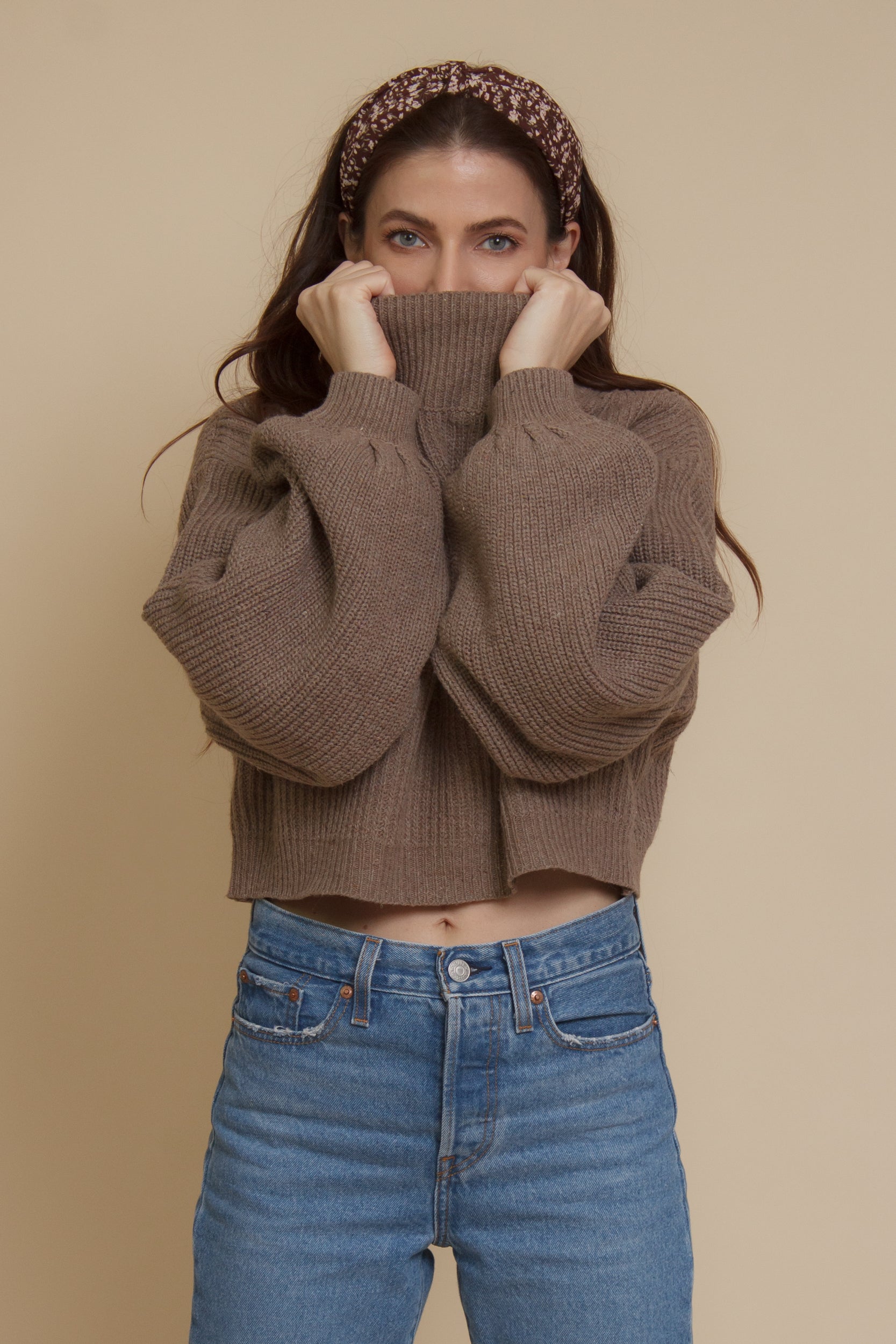 Cropped mock neck sweater with balloon sleeves, in taupe. Image 3