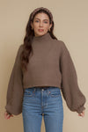 Cropped mock neck sweater with balloon sleeves, in taupe. Image 4