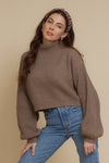 Cropped mock neck sweater with balloon sleeves, in taupe. Image 5