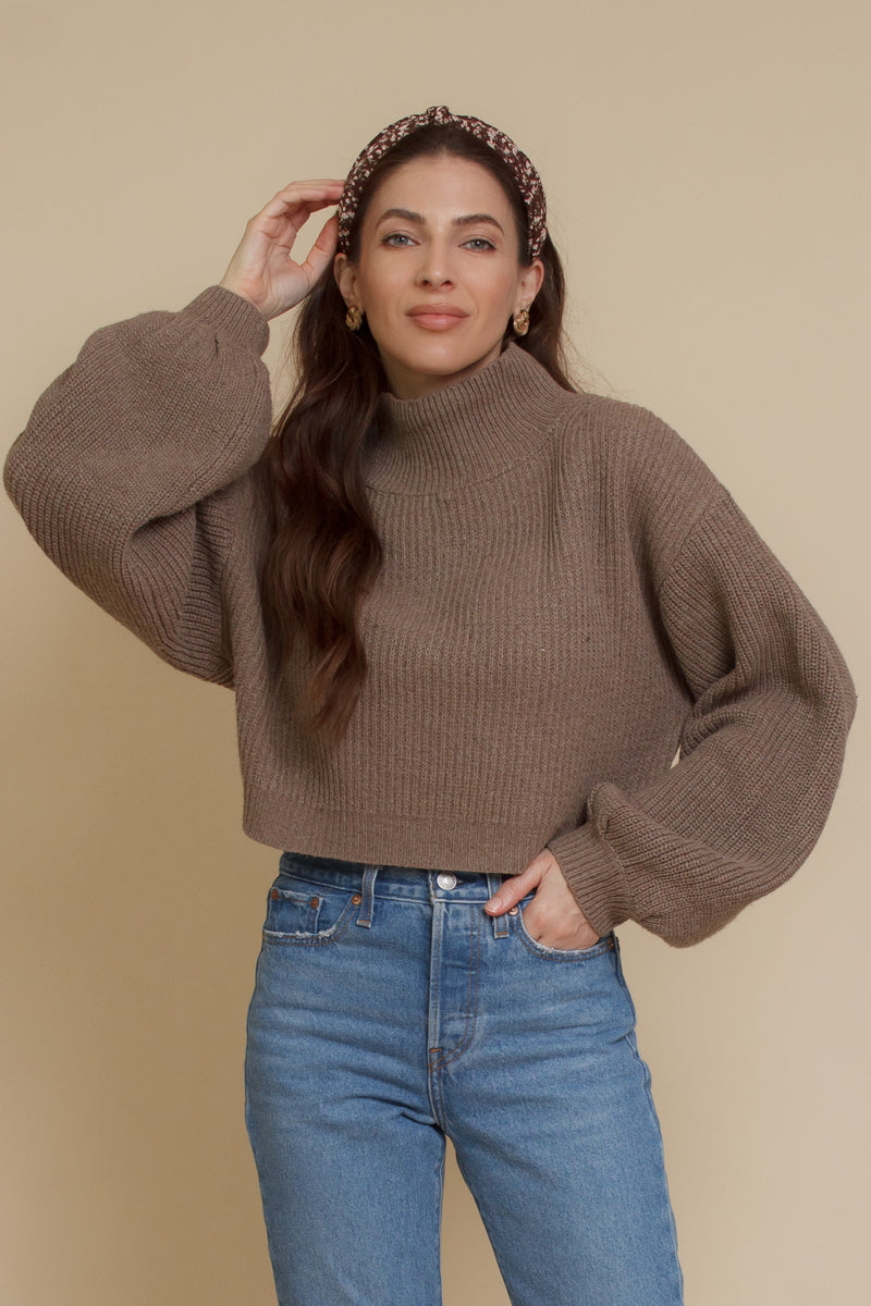 Cropped mock neck sweater with balloon sleeves, in taupe. Image 6