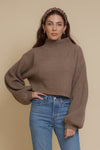 Cropped mock neck sweater with balloon sleeves, in taupe. Image 7