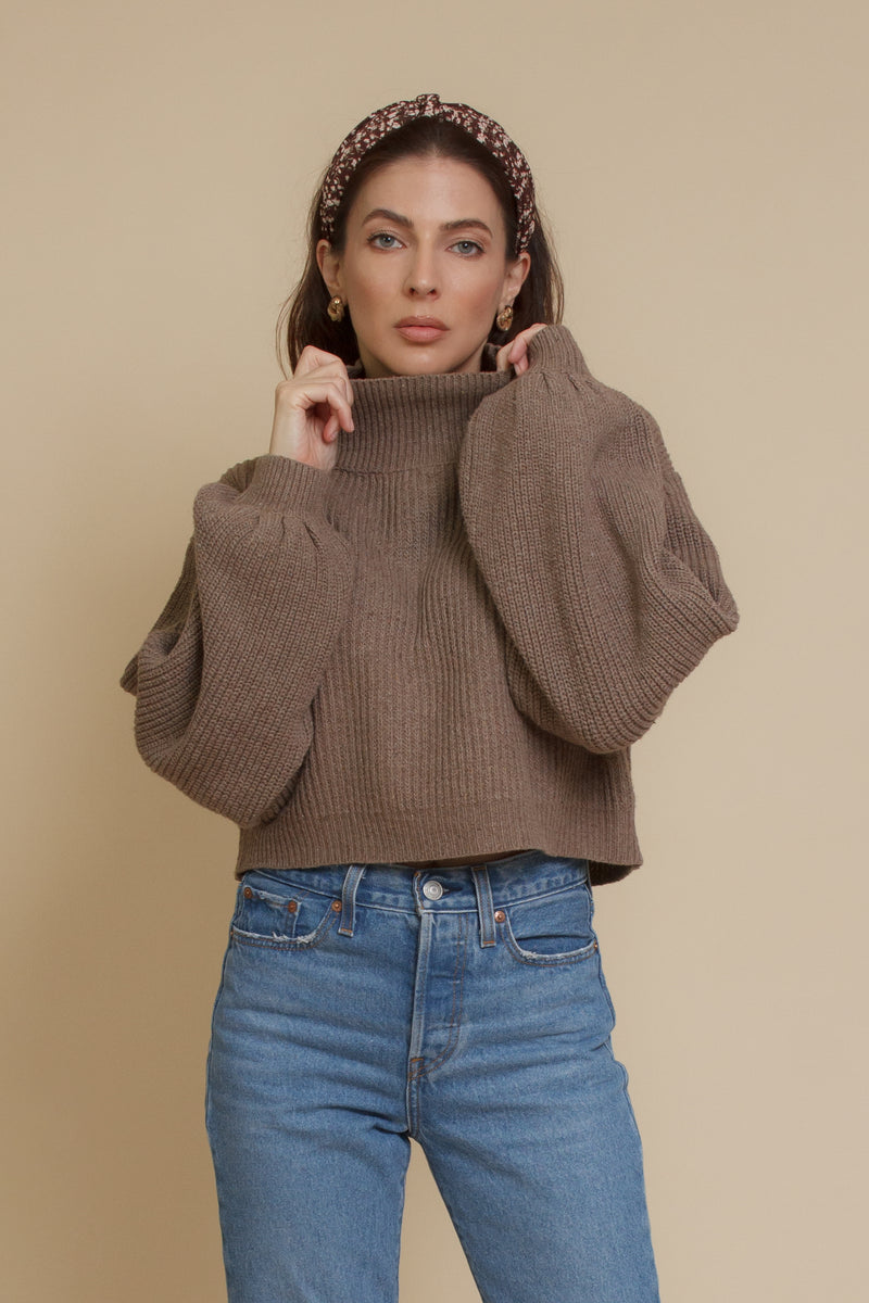 Cropped mock neck sweater with balloon sleeves, in taupe. Image 8