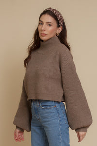 Cropped mock neck sweater with balloon sleeves, in taupe. Image 9