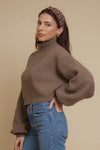 Cropped mock neck sweater with balloon sleeves, in taupe.