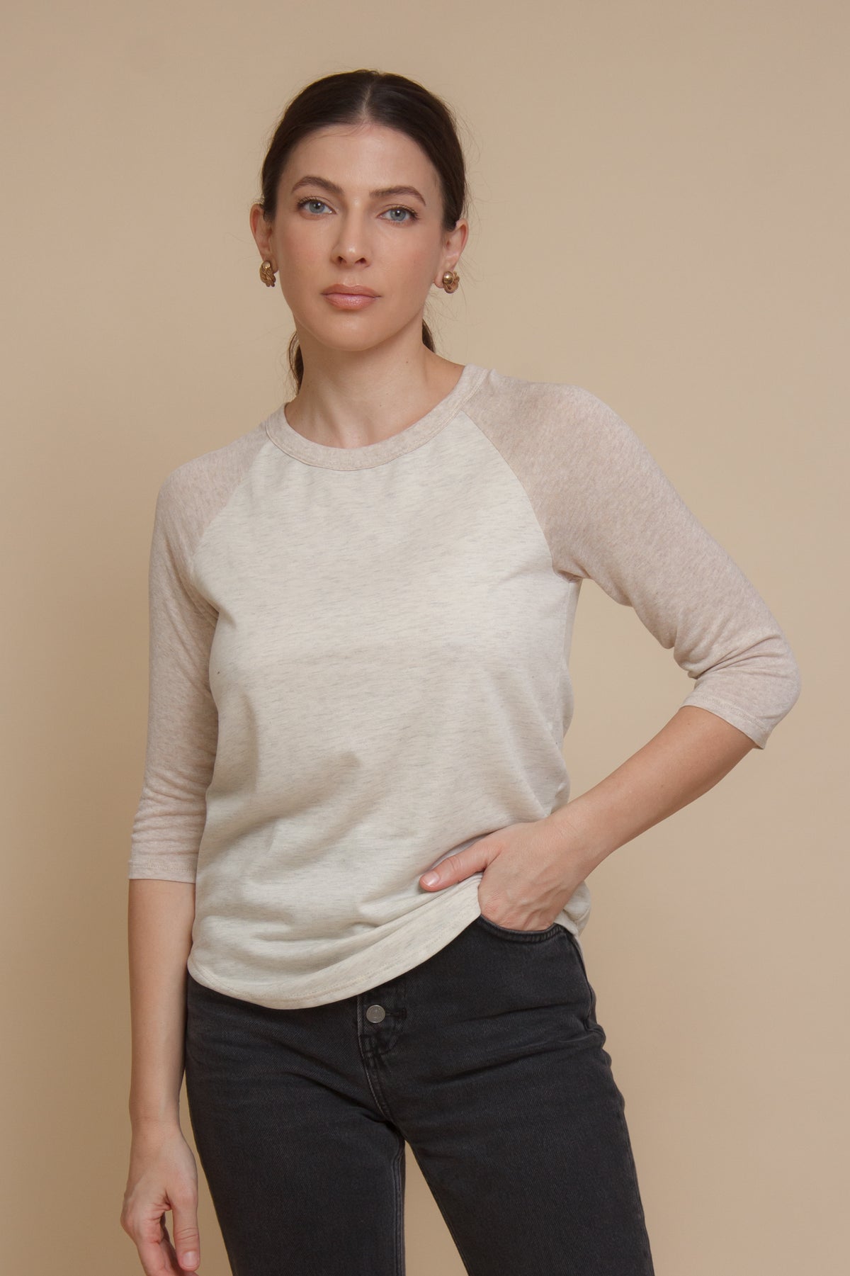 Heathered baseball tee shirt, in oatmeal. Image 2