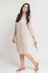 Knit dress with drop waist, in tan. Image 2