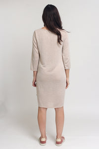 Knit dress with drop waist, in tan. Image 3