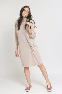 Knit dress with drop waist, in tan. Image 4