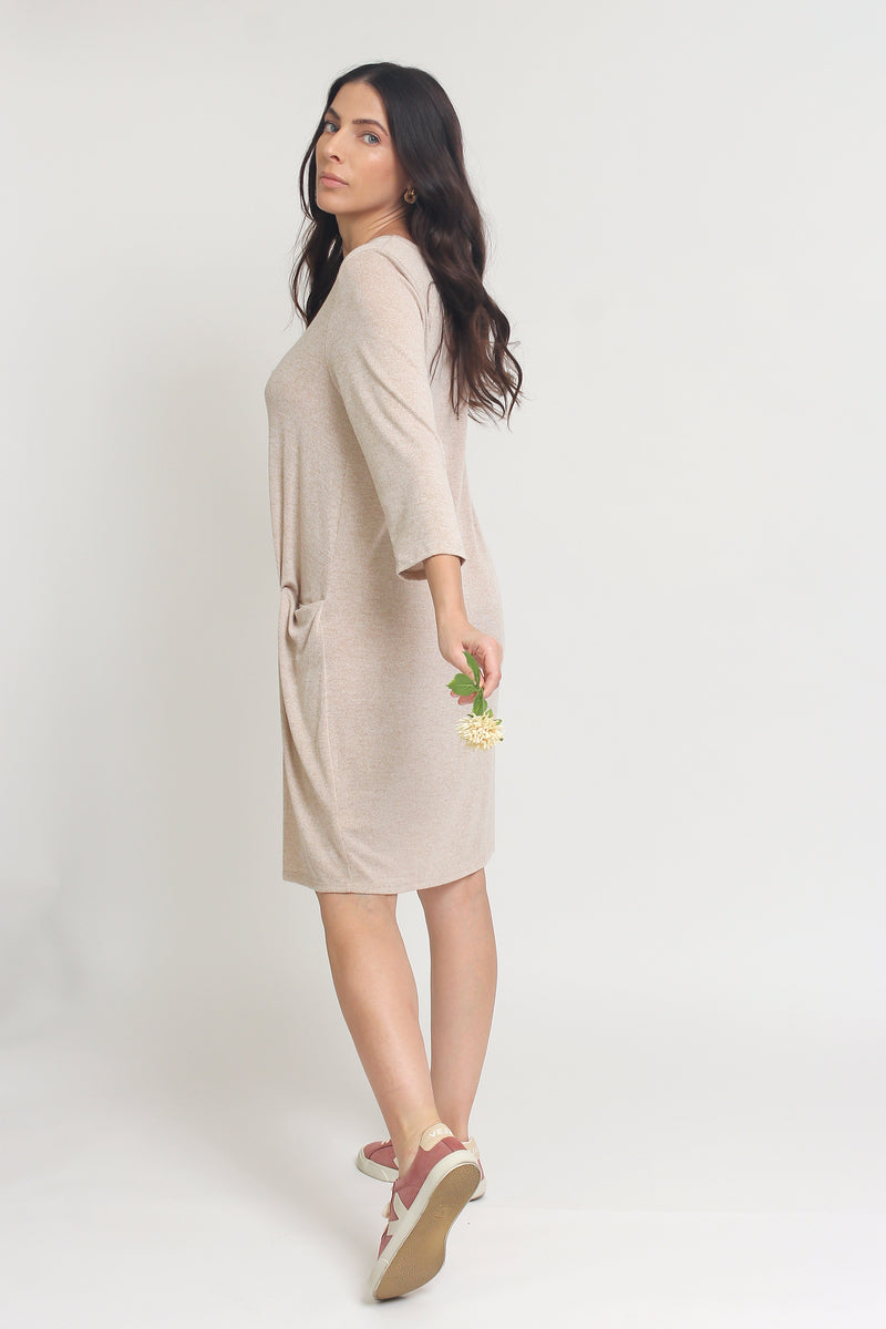 Knit dress with drop waist, in tan. Image 5