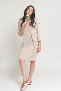 Knit dress with drop waist, in tan. Image 7