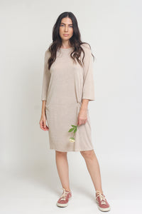 Knit dress with drop waist, in tan. Image 8
