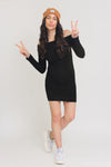 Off shoulder, fitted knit mini dress, in black. Image 10