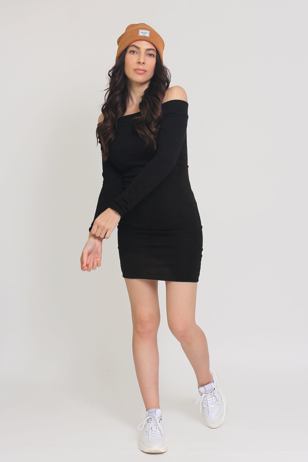 Off shoulder, fitted knit mini dress, in black. Image 11