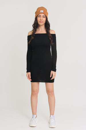 Off shoulder, fitted knit mini dress, in black. Image 2