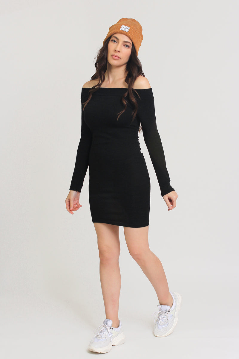 Off shoulder, fitted knit mini dress, in black. Image 4