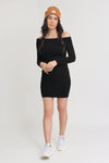 Off shoulder, fitted knit mini dress, in black. Image 6
