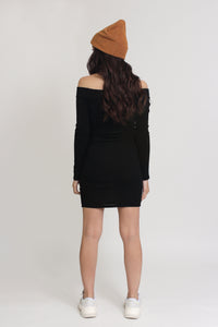 Off shoulder, fitted knit mini dress, in black. Image 7