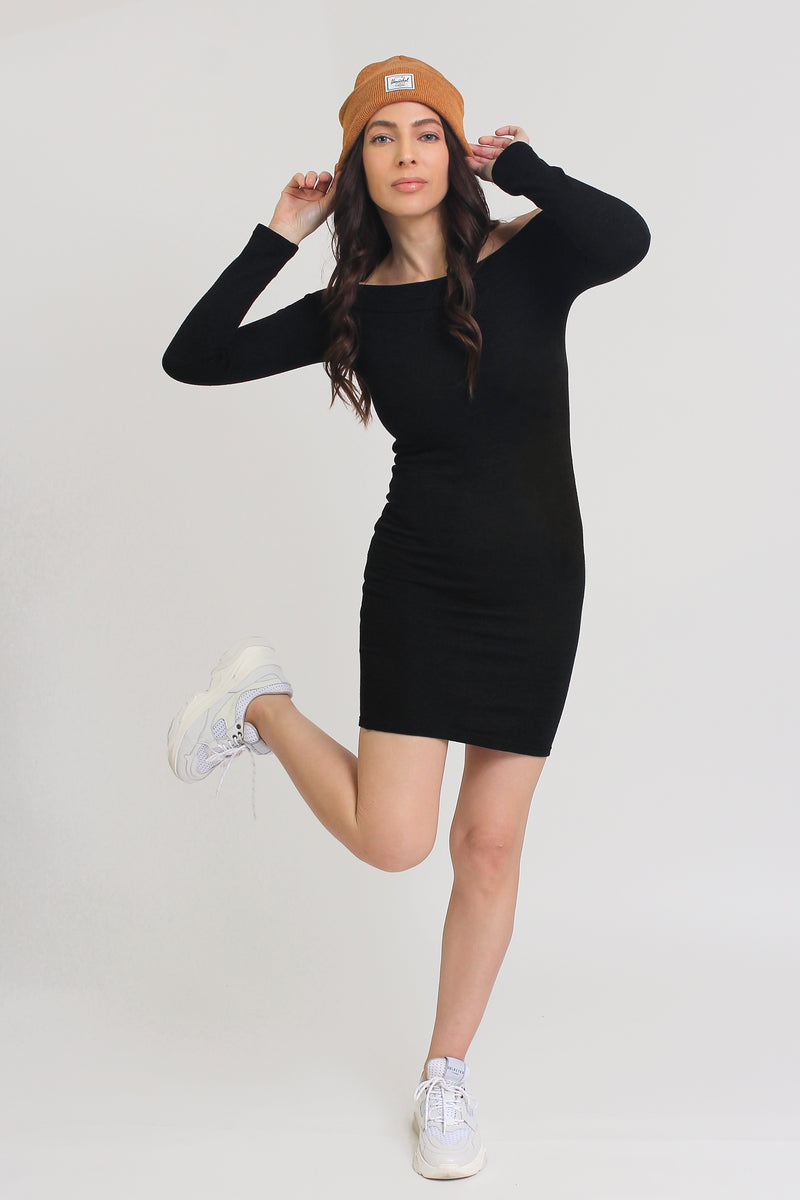 Off shoulder, fitted knit mini dress, in black. Image 8
