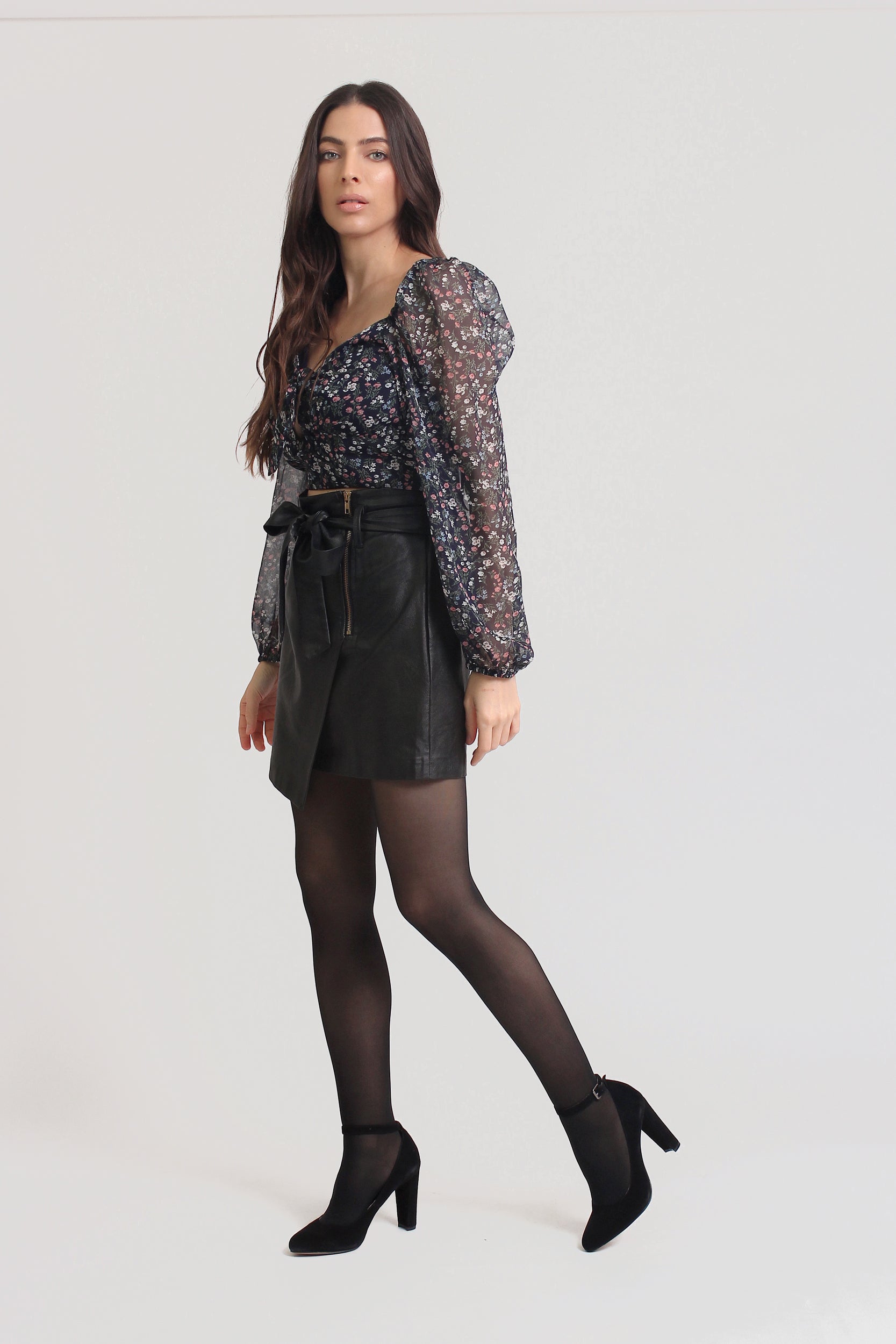 High waist leather mini skirt, in black. Image 6