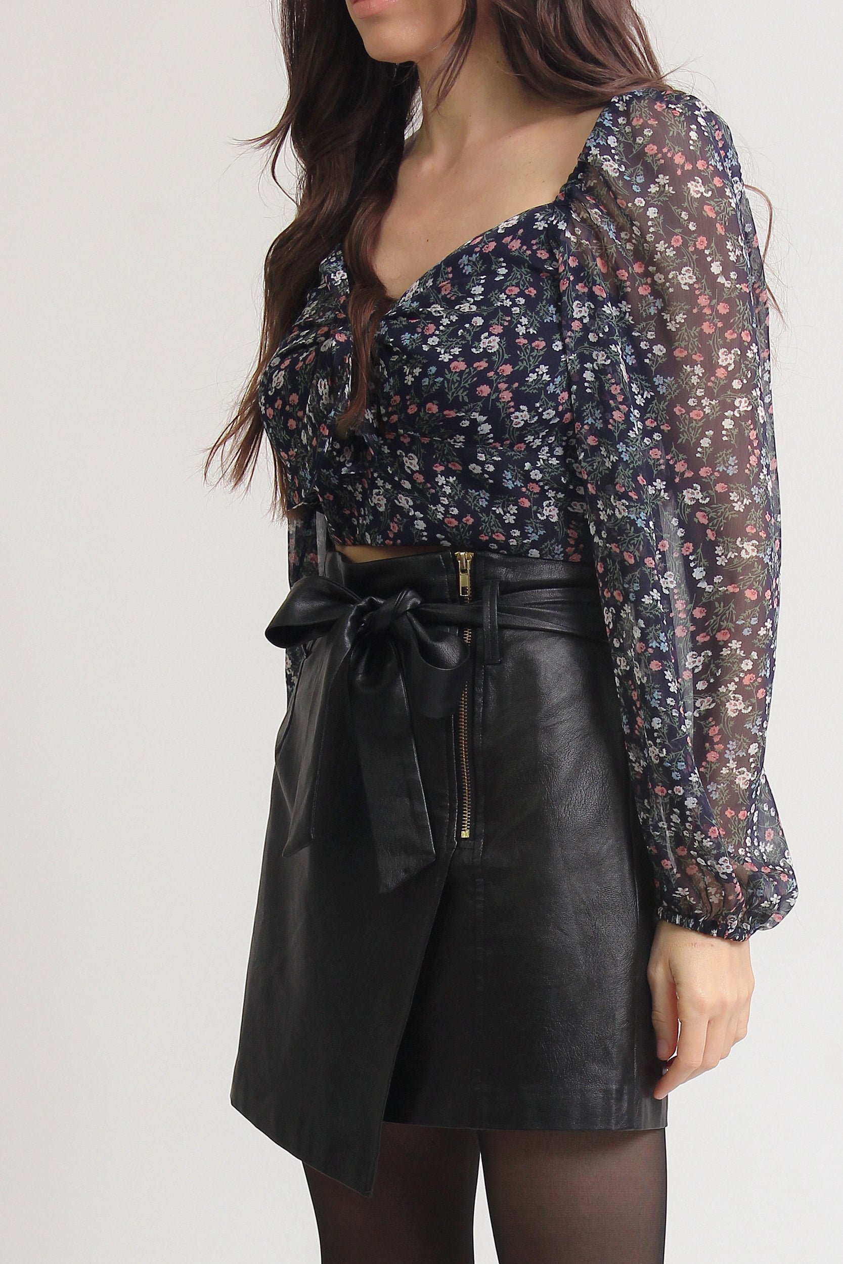 High waist leather mini skirt, in black. Image 8