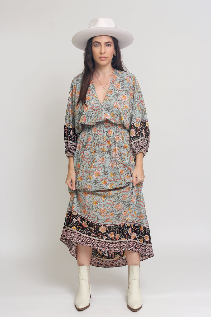 Bohemian floral maxi dress with balloon sleeves, in Mint. Image 11