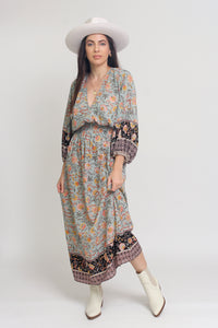 Bohemian floral maxi dress with balloon sleeves, in Mint. Image 12