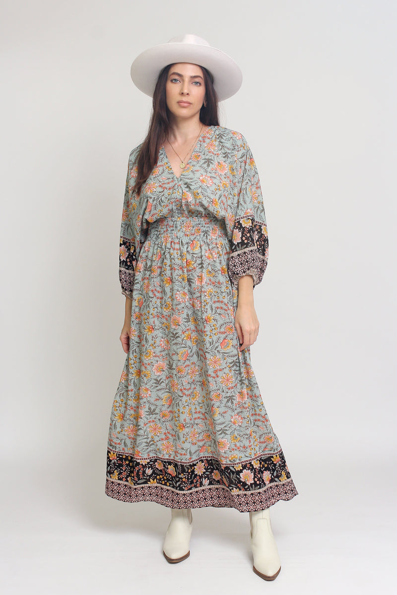 Bohemian floral maxi dress with balloon sleeves, in Mint. Image 14