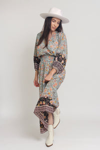 Bohemian floral maxi dress with balloon sleeves, in Mint. Image 2