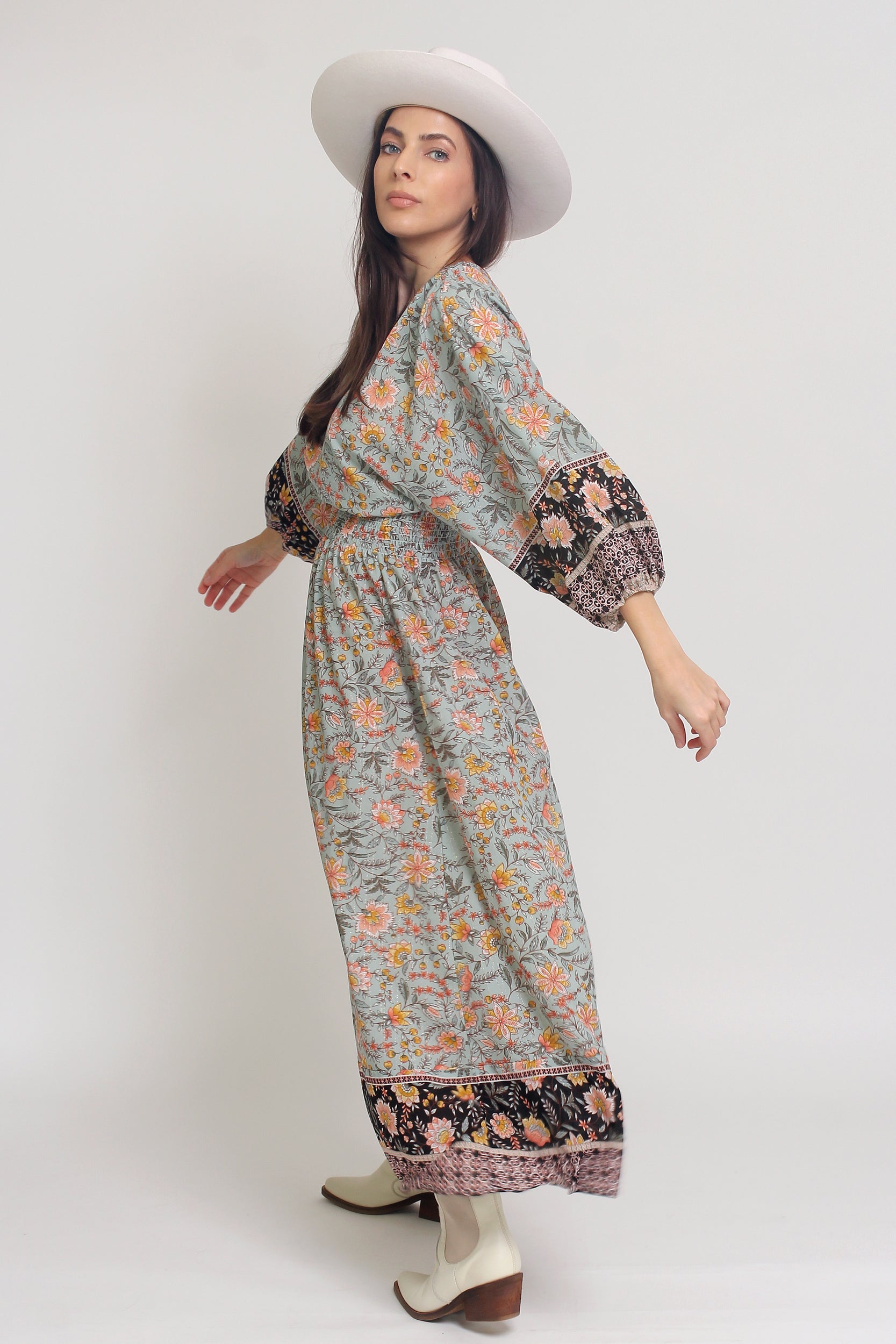 Bohemian floral maxi dress with balloon sleeves, in Mint. Image 5
