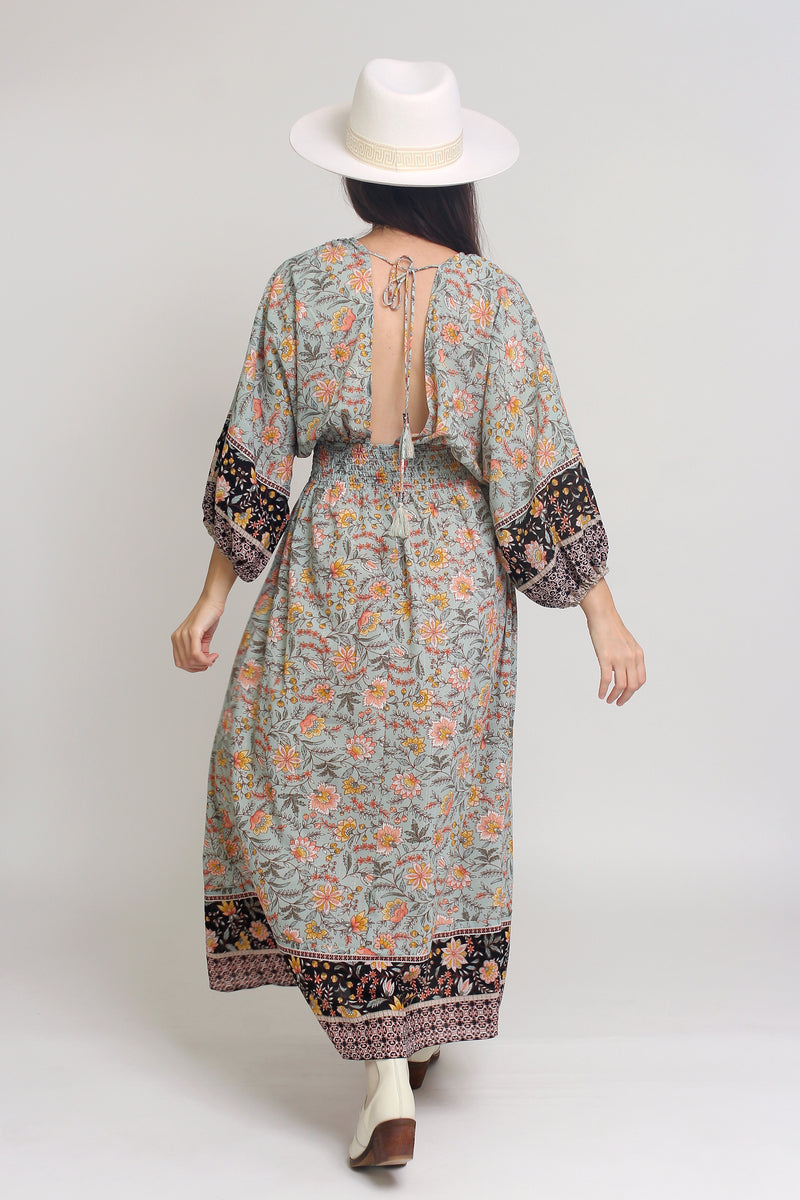 Bohemian floral maxi dress with balloon sleeves, in Mint. Image 6