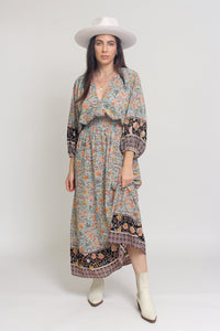Bohemian floral maxi dress with balloon sleeves, in Mint. Image 9