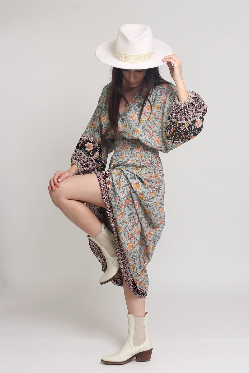 Bohemian floral maxi dress with balloon sleeves, in Mint.