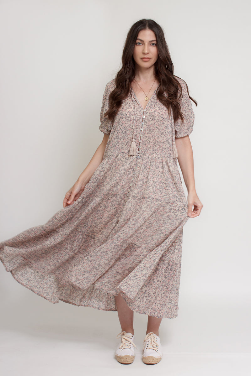 Floral button down tiered midi dress, with puff sleeves, in beige pink cream.