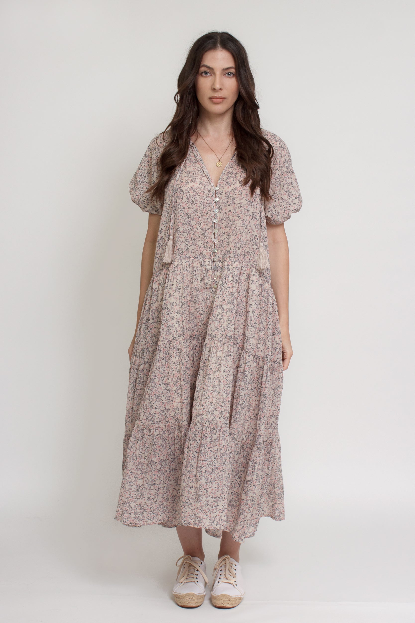 Floral button down tiered midi dress, with puff sleeves, in beige pink cream. Image 10