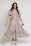 Floral button down tiered midi dress, with puff sleeves, in beige pink cream. Image 11