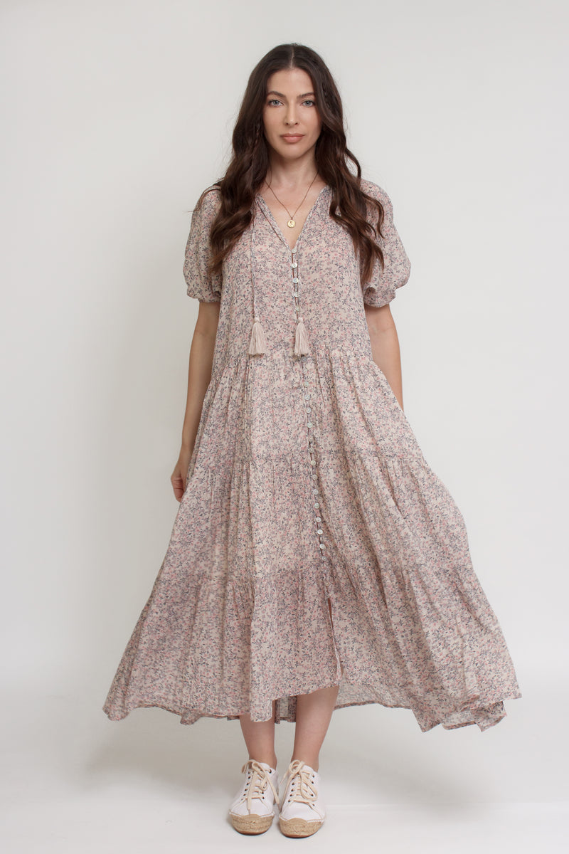 Floral button down tiered midi dress, with puff sleeves, in beige pink cream. Image 12