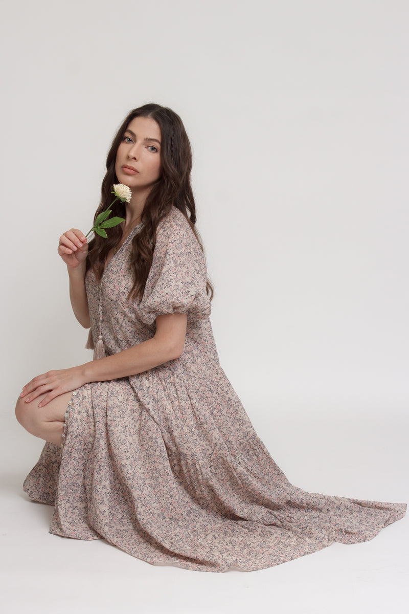 Floral button down tiered midi dress, with puff sleeves, in beige pink cream. Image 14