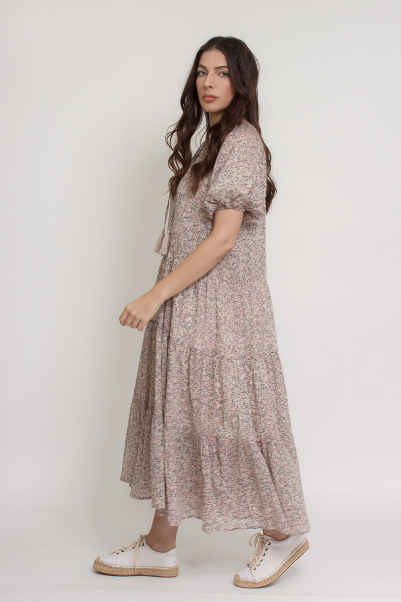 Floral button down tiered midi dress, with puff sleeves, in beige pink cream. Image 15